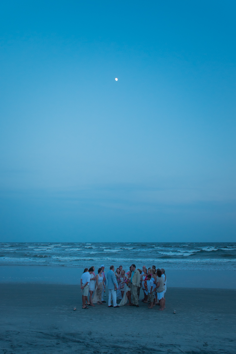 Beach wedding photo, blue sky, sunset, barefoot, Mt Pleasant, South Carolina