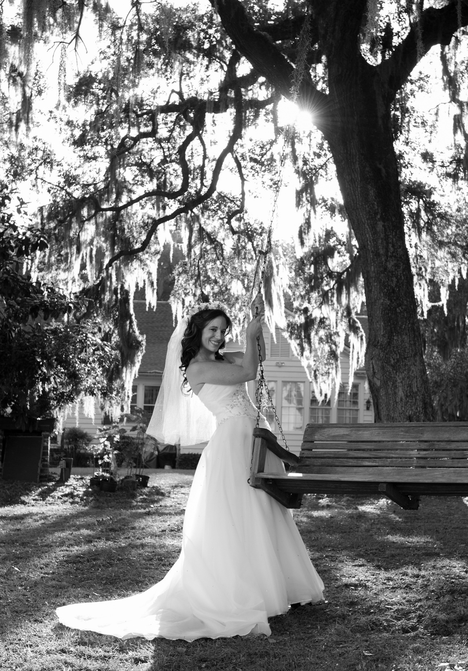 classic bridal portrait with live oak trees