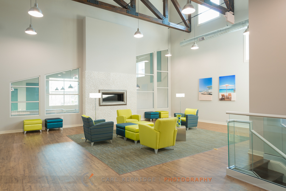 Relaxation area with color furniture at Coastal Club in Myrtle Beach, interior design by e3 studios