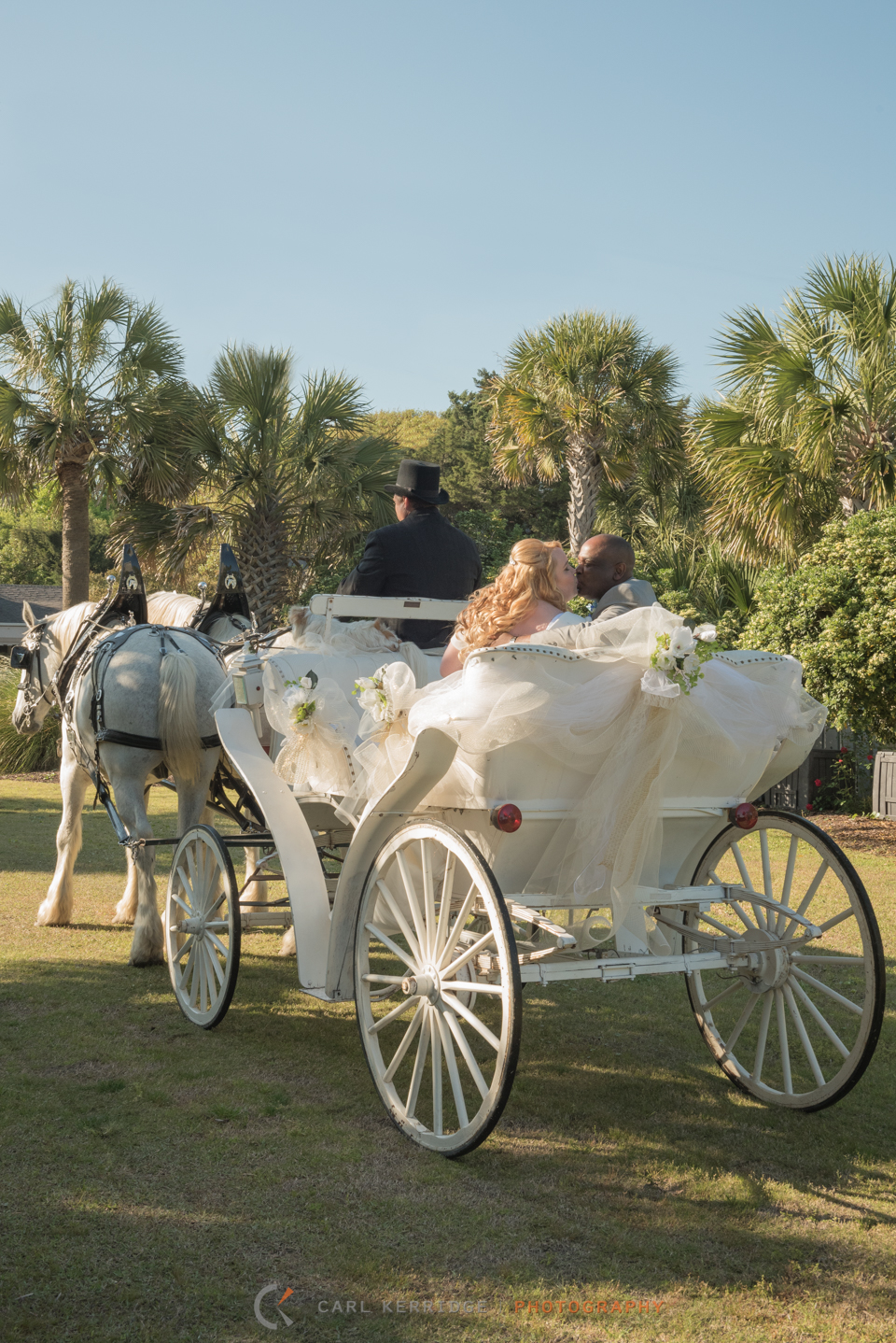 as they exit their ceremony , the bride and groom share a kiss on their Wedding Carriage Ride