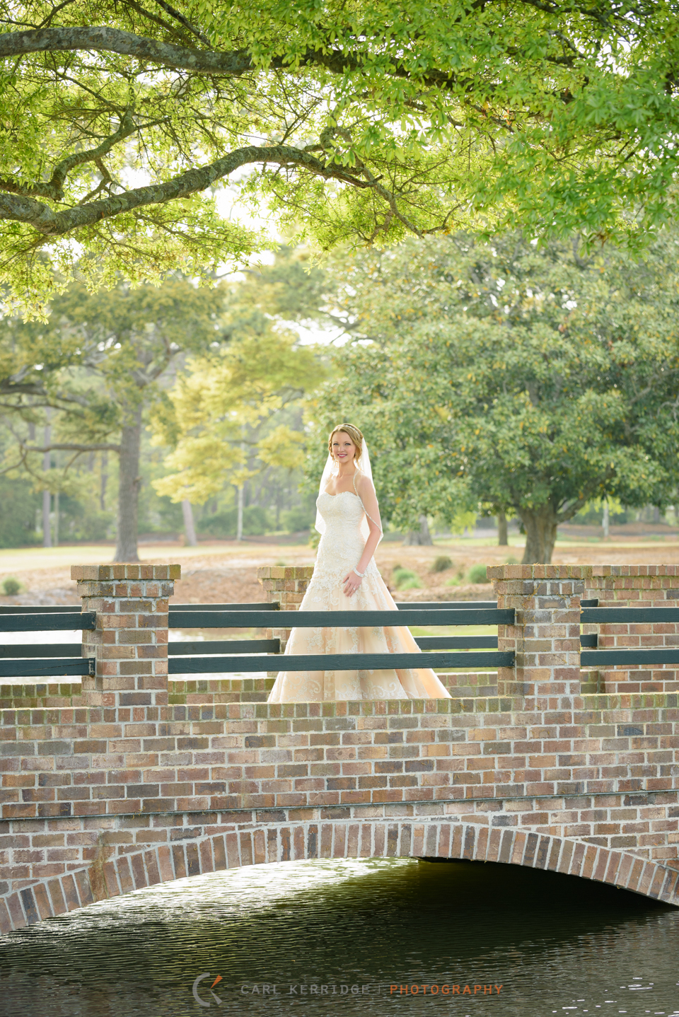 bridal portrait on bridge surrounded by green trees