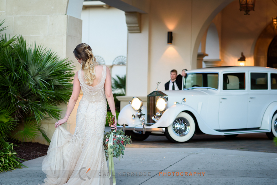 styled photo shoot with bridal portraits and a Rolls Royce at The Members Club at Grande Dunes in Myrtle Beach, South Carolina