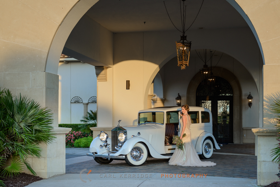 styled photo shoot with bridal portraits and a Rolls Royce at The Members Club at Grande Dunes in Myrtle Beach, South Carolina