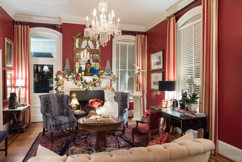 A view of the sitting room at Rosewood Manor, decorated with priceless antiques and christmas decorations. 