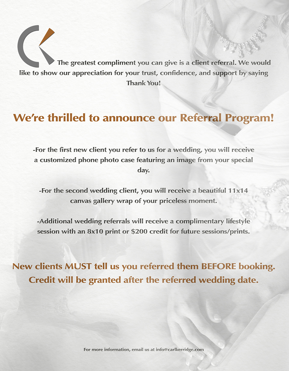 Carl Kerridge Photography Referral Program featuring gifts for client referrals and black and white images of one of our brides.